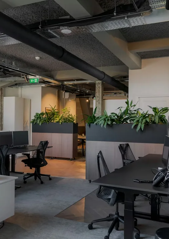 Modern office interior with desks and plants