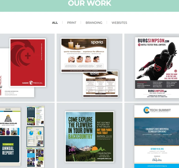 Work gallery with brochures, flyers and branding pieces