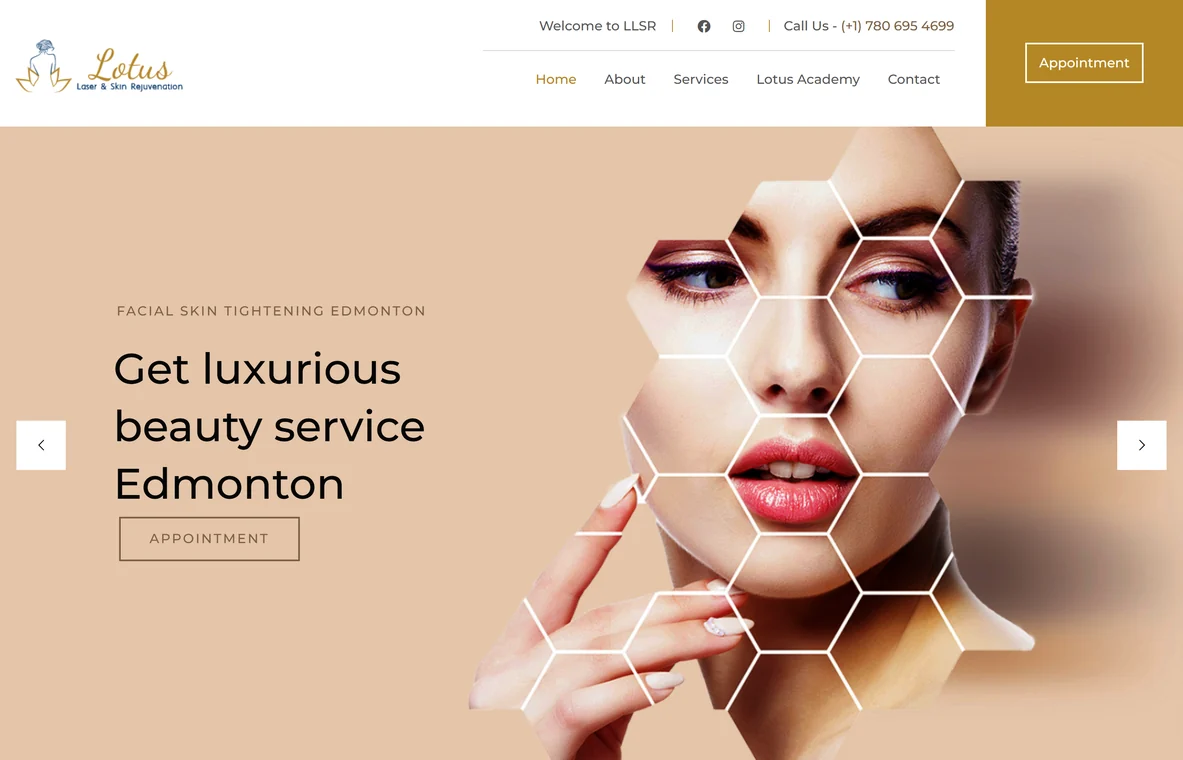 Lotus home page: “Get luxurious beauty service Edmonton” with an appointment button