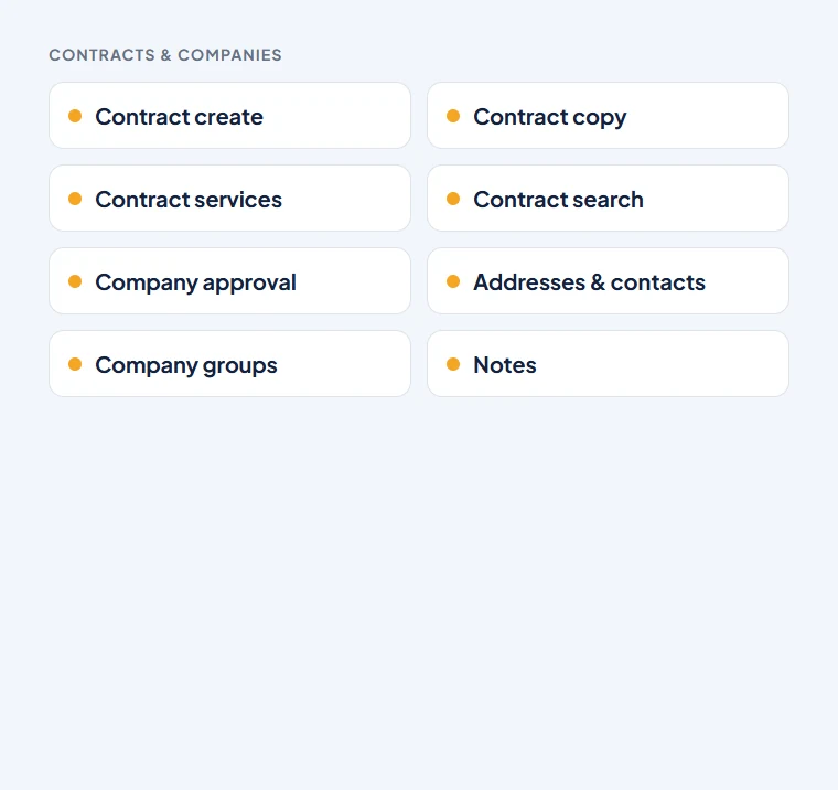 Contract and company features: create, copy, services, search, company approval, addresses and contacts, groups and notes