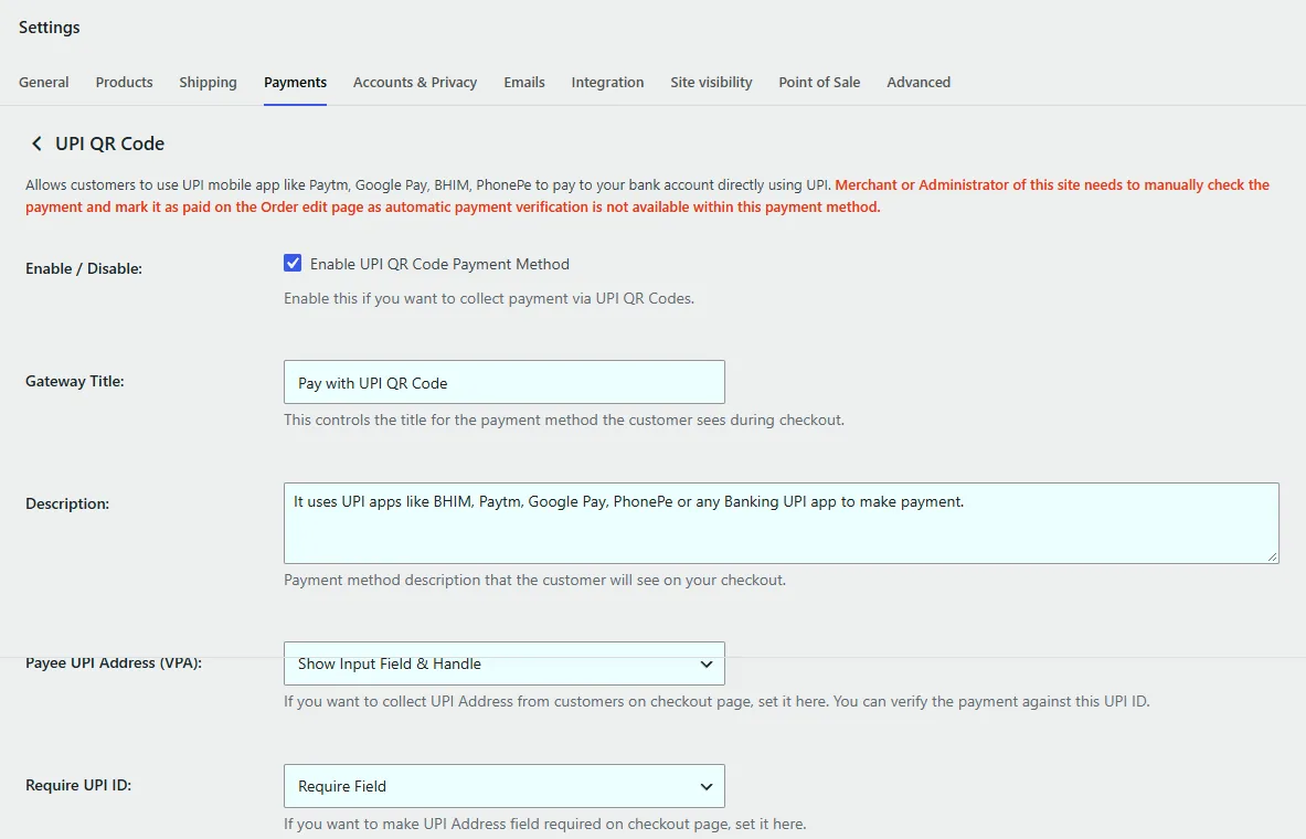 UPI QR Code plugin settings in the WooCommerce payment settings