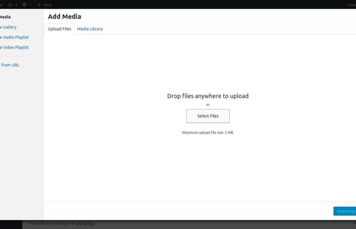 The WordPress Add Media dialog for uploading or choosing the profile picture