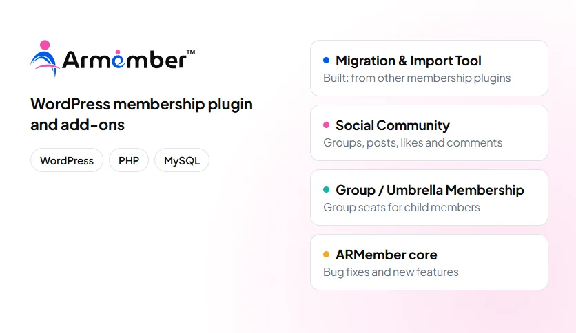 ARMember banner: the ARMember logo with the Migration & Import Tool, Social Community, Group / Umbrella Membership and core work