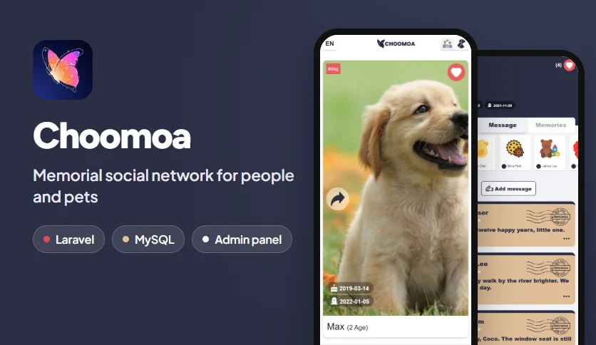 Choomoa banner: the butterfly app icon and two phone screens of a pet memorial