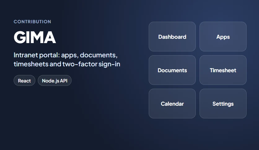 GIMA banner: an intranet portal with dashboard, apps, documents, timesheet, calendar and staff