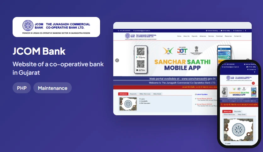 JCOM Bank website on a laptop and a phone