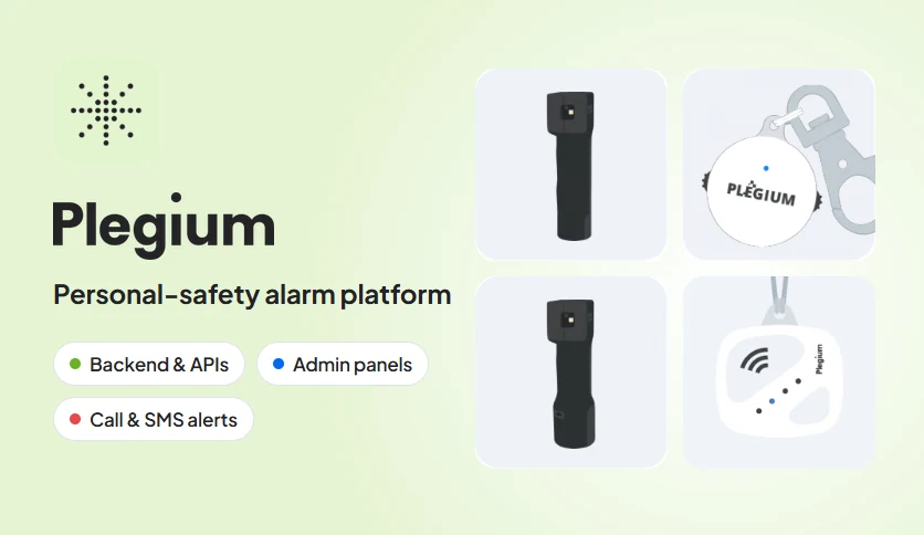 Plegium banner: the Plegium logo with its pepper spray, keychain and IoT alarm devices