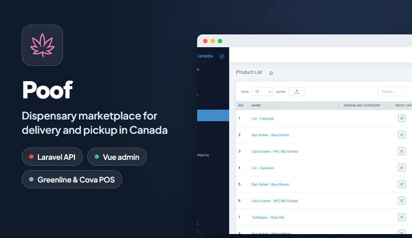 Poof banner: the leaf logo and the admin product list
